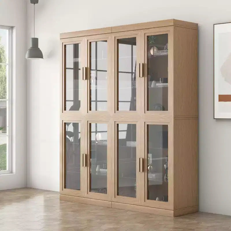 Armario de almacenamiento con vetas de madera y puertas de cristal, 183 cm de alto, 12 estantes