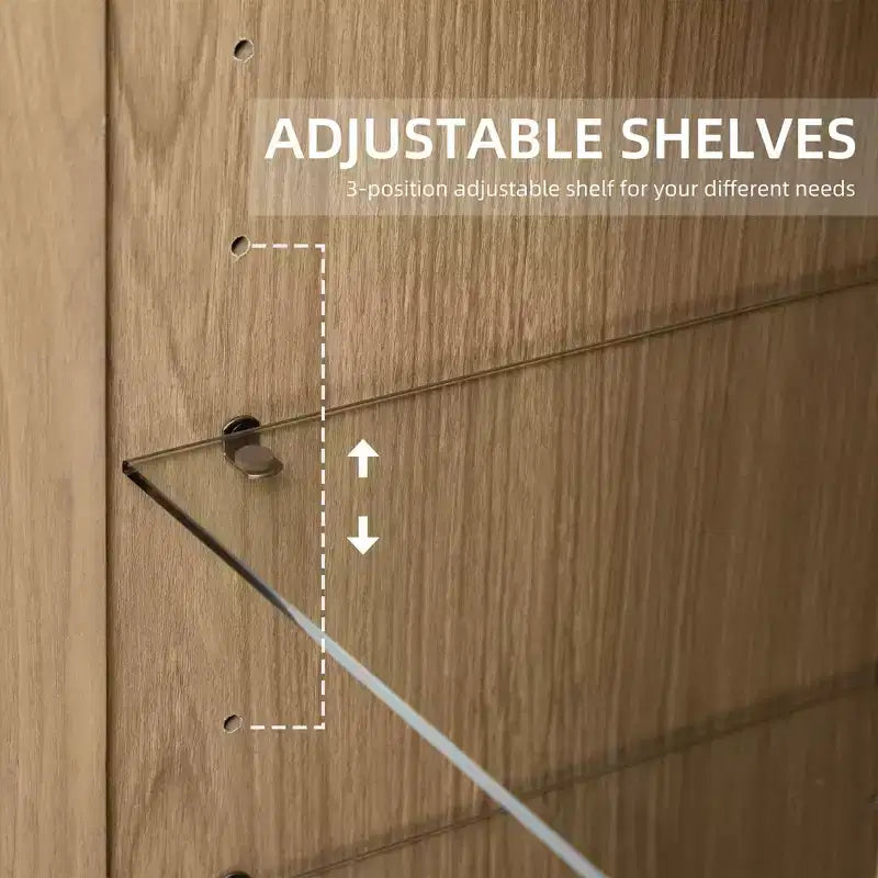 Armario de almacenamiento con vetas de madera y puertas de cristal, 183 cm de alto, 12 estantes