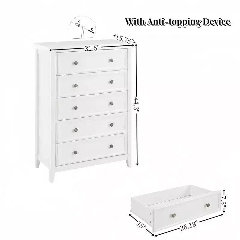 Cómoda de 5 cajones con compartimentos de almacenamiento para dormitorio y sala de estar