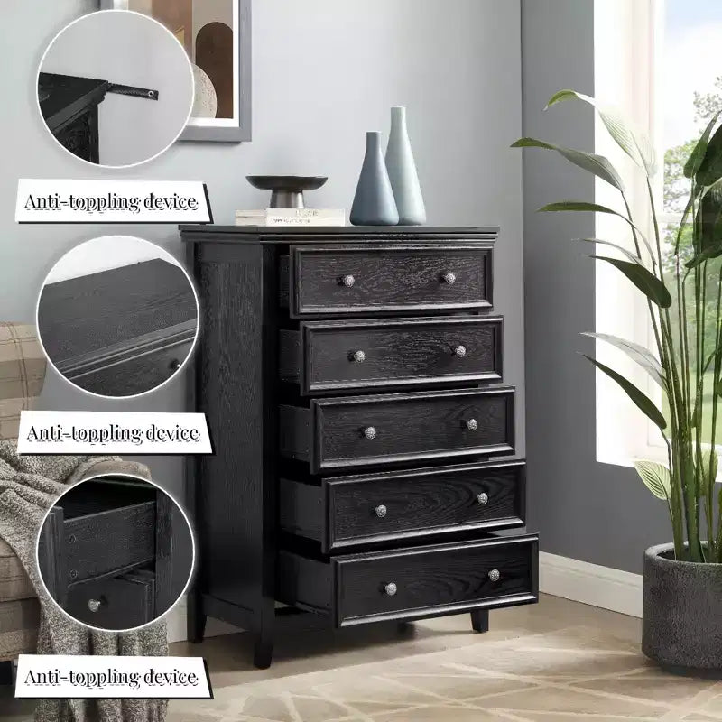 Cómoda de 5 cajones con compartimentos de almacenamiento para dormitorio y sala de estar