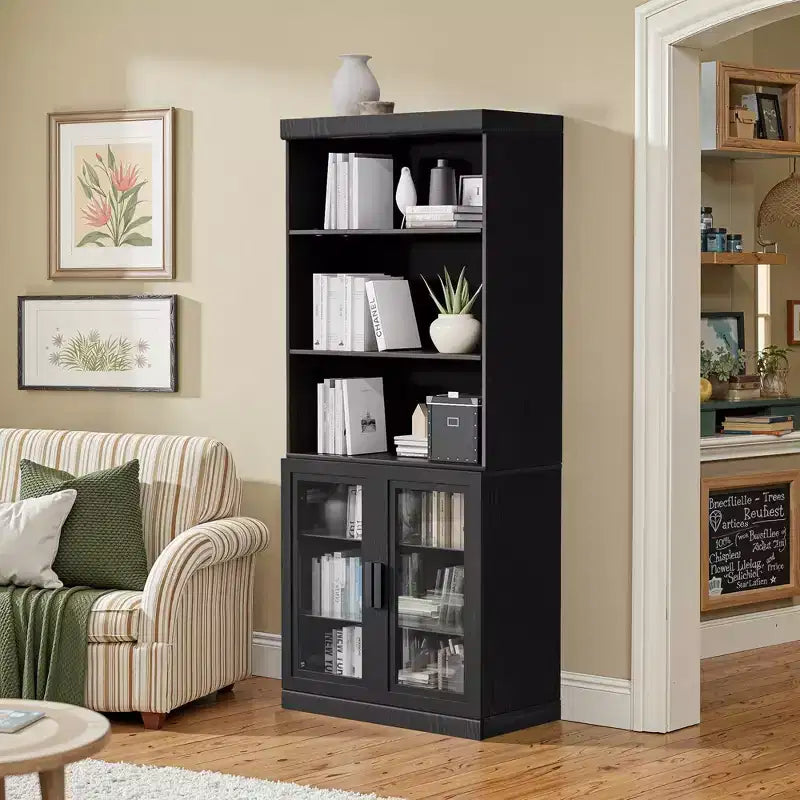 Armario de almacenamiento con puertas de vidrio de 72 pulgadas con estantes ajustables, negro