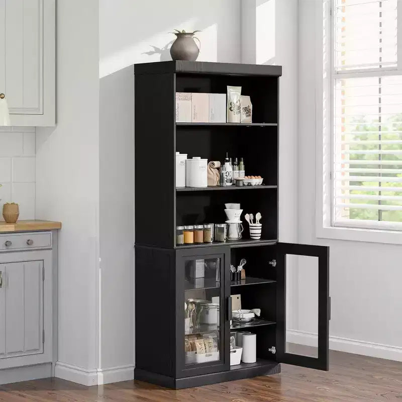 Armario de almacenamiento con puertas de vidrio de 72 pulgadas con estantes ajustables, negro