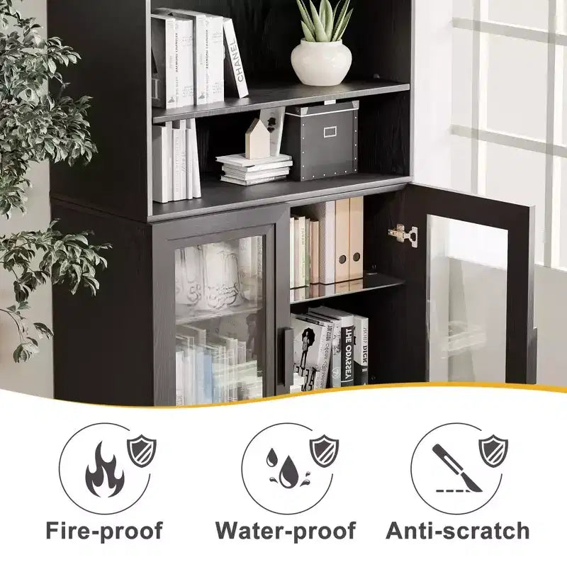 Armario de almacenamiento con puertas de vidrio de 72 pulgadas con estantes ajustables, negro