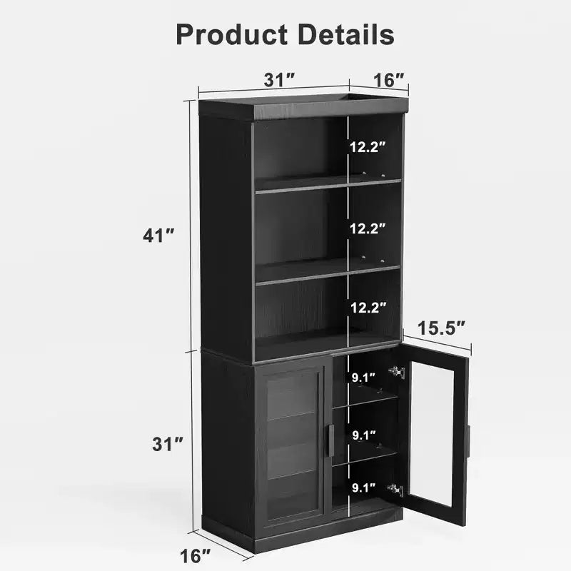 Armario de almacenamiento con puertas de vidrio de 72 pulgadas con estantes ajustables, negro