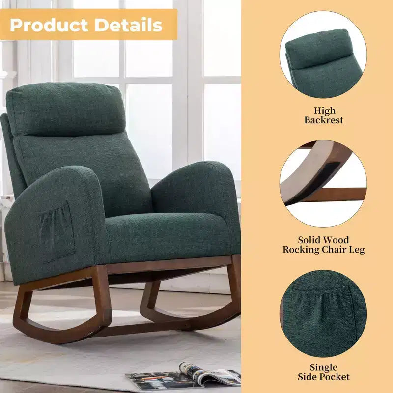 Sillón Balancín Tapizado con Patas de Madera y Bolsillo Lateral