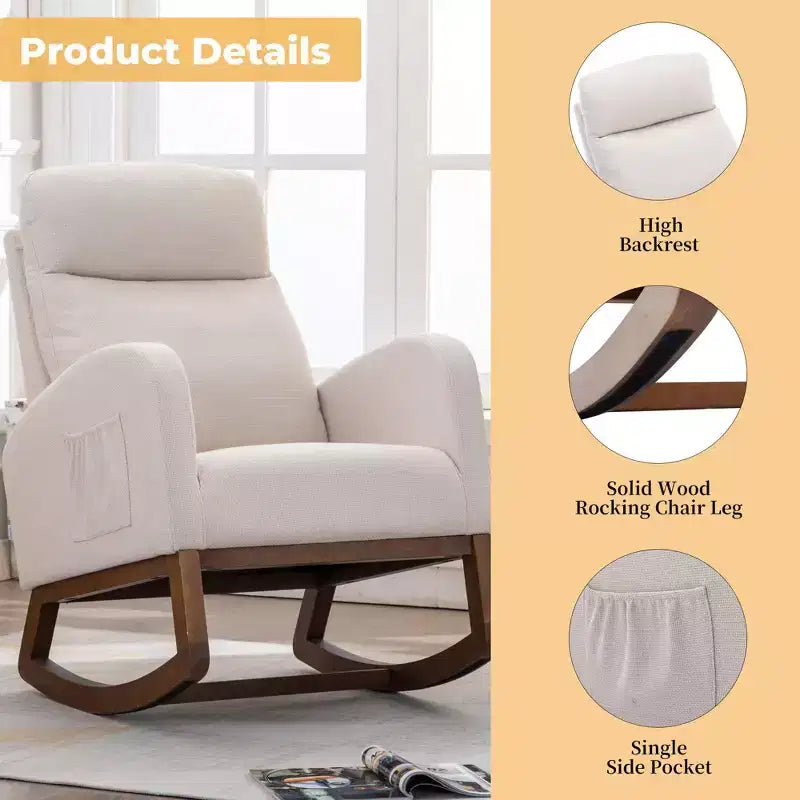 Sillón Balancín Tapizado con Patas de Madera y Bolsillo Lateral