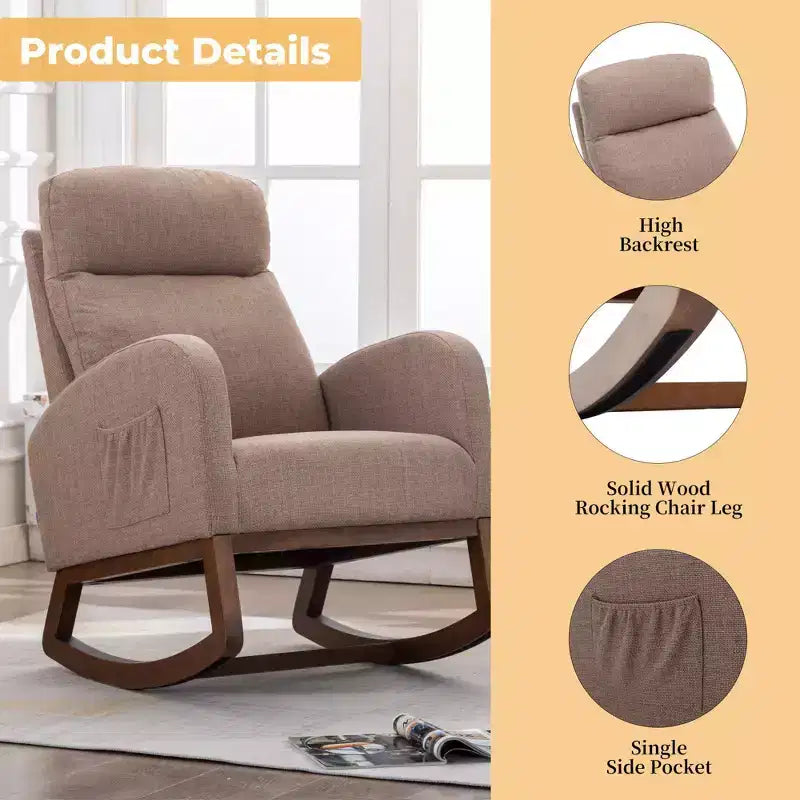 Sillón Balancín Tapizado con Patas de Madera y Bolsillo Lateral