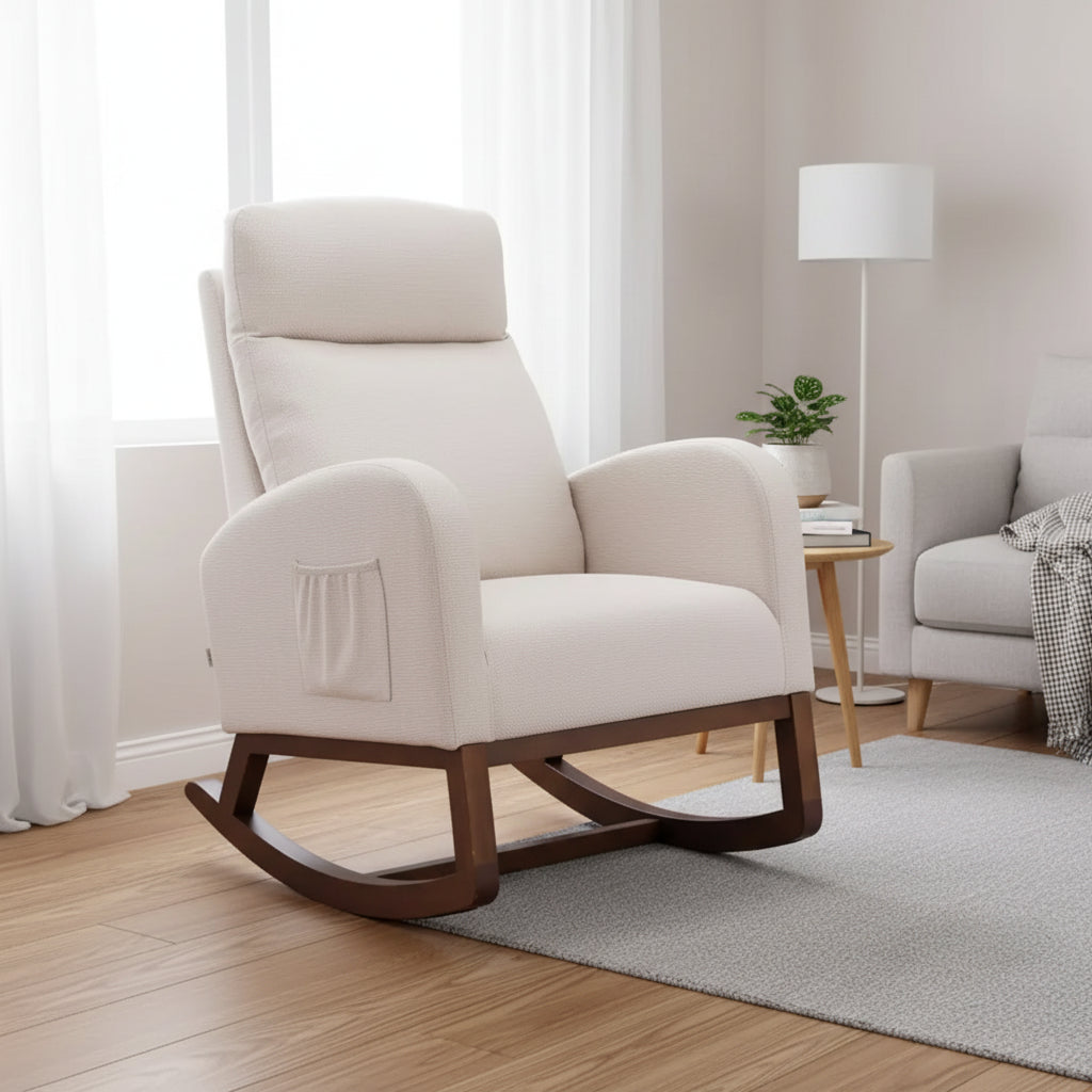 Okak Upholstered Rocking Accent Chair with Wood Legs & Side Pocket,Comfy Lounge Chair for Living Room,Bedroom