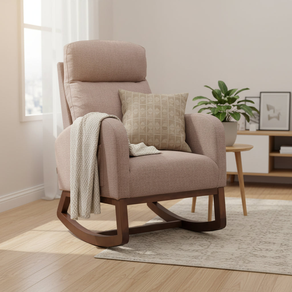 Sillón Balancín Tapizado con Patas de Madera y Bolsillo Lateral