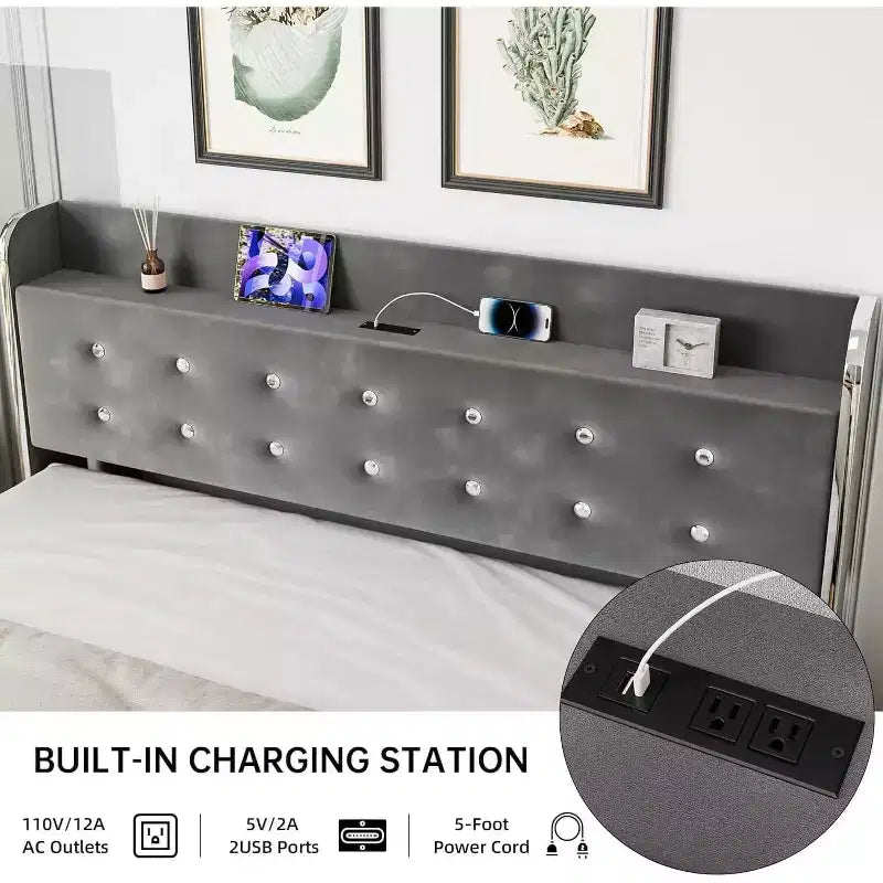 Base de cama matrimonial con 4 cajones de almacenamiento, tapizada en terciopelo gris, con listones de madera, no requiere somier
