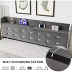 Base de cama matrimonial con 4 cajones de almacenamiento, tapizada en terciopelo gris, con listones de madera, no requiere somier