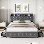 Base de cama matrimonial con 4 cajones de almacenamiento, tapizada en terciopelo gris, con listones de madera, no requiere somier
