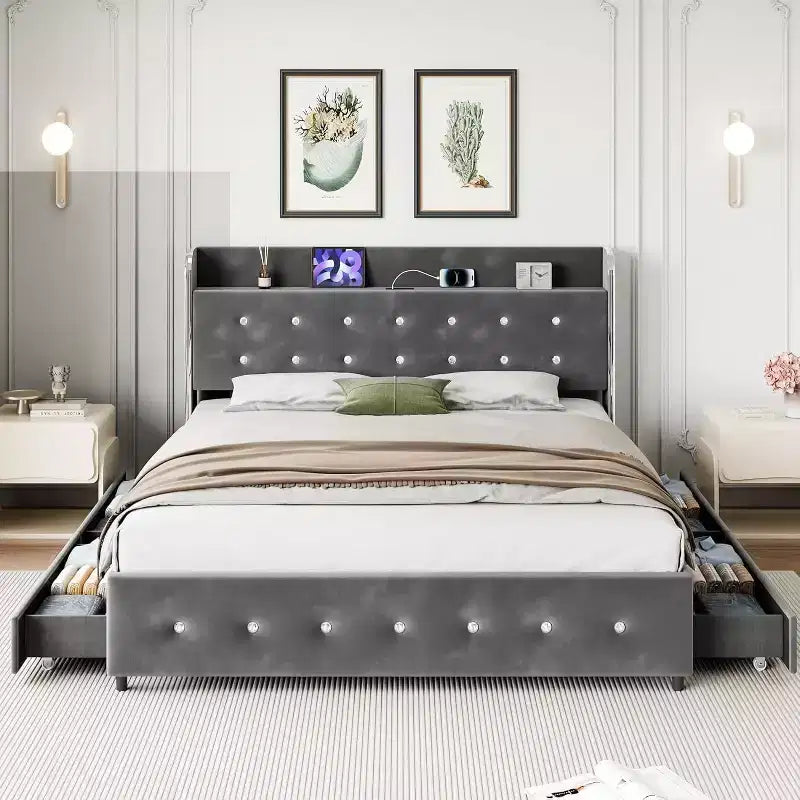 Base de cama matrimonial con 4 cajones de almacenamiento, tapizada en terciopelo gris, con listones de madera, no requiere somier