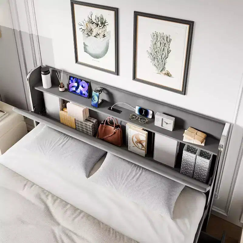 Base de cama matrimonial con 4 cajones de almacenamiento, tapizada en terciopelo gris, con listones de madera, no requiere somier