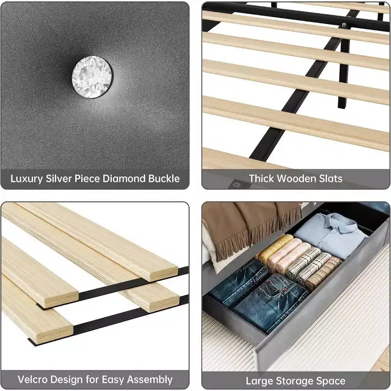 Base de cama matrimonial con 4 cajones de almacenamiento, tapizada en terciopelo gris, con listones de madera, no requiere somier