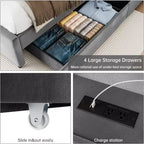 Base de cama matrimonial con 4 cajones de almacenamiento, tapizada en terciopelo gris, con listones de madera, no requiere somier