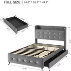 Base de cama matrimonial con 4 cajones de almacenamiento, tapizada en terciopelo gris, con listones de madera, no requiere somier