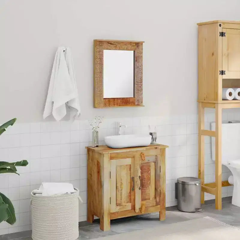 Juego de tocador para baño de madera de mango maciza con espejo