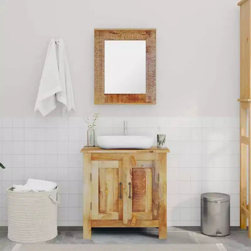 Juego de tocador para baño de madera de mango maciza con espejo