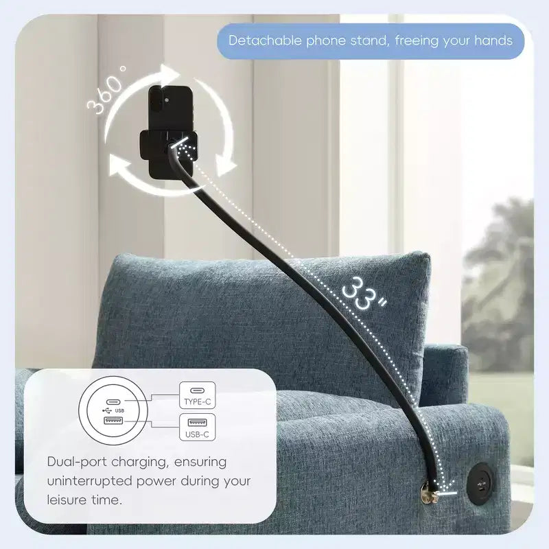 Sofá y diván individual de chenilla extragrande con otomana de almacenamiento, soporte para teléfono, puertos de carga y bolsillos laterales