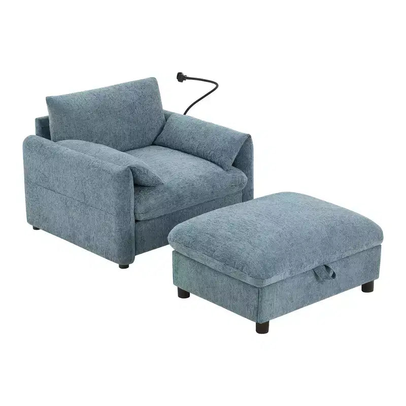 Sofá y diván individual de chenilla extragrande con otomana de almacenamiento, soporte para teléfono, puertos de carga y bolsillos laterales