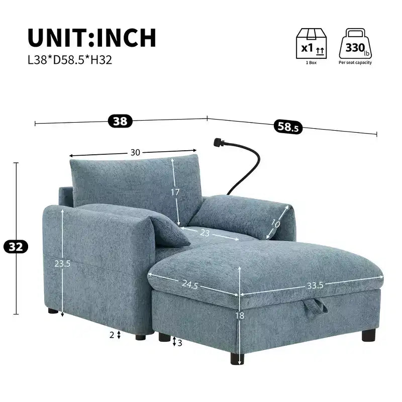Sofá y diván individual de chenilla extragrande con otomana de almacenamiento, soporte para teléfono, puertos de carga y bolsillos laterales