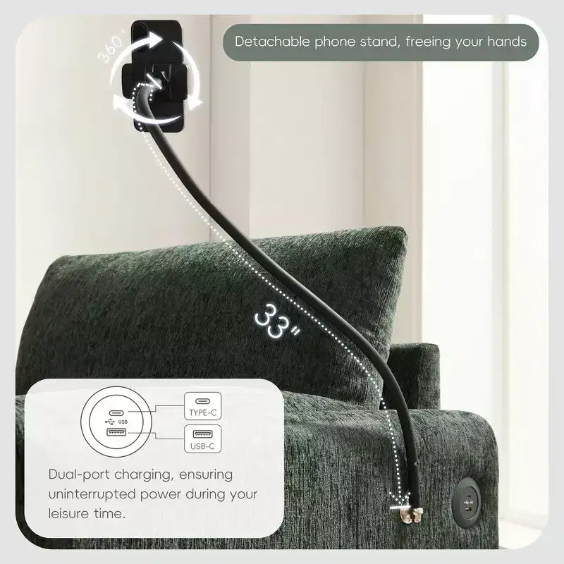 Sofá y diván individual de chenilla extragrande con otomana de almacenamiento, soporte para teléfono, puertos de carga y bolsillos laterales