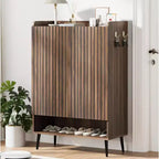 Large Shoe Cabinet with 2 Doors, 6-Tier Adjustable Shelves, Freestanding Entryway Shoe Organizer with Hooks, Brown