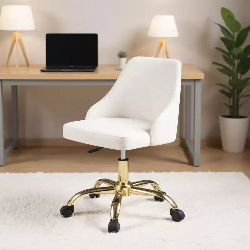 Silla de oficina giratoria ajustable de piel sintética blanca y dorada