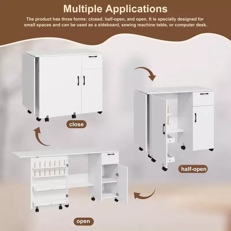 Mesa Plegable para Costura y Manualidades con Cajón, Estantes y Ruedas con Bloqueo