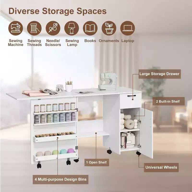 Mesa Plegable para Costura y Manualidades con Cajón, Estantes y Ruedas con Bloqueo