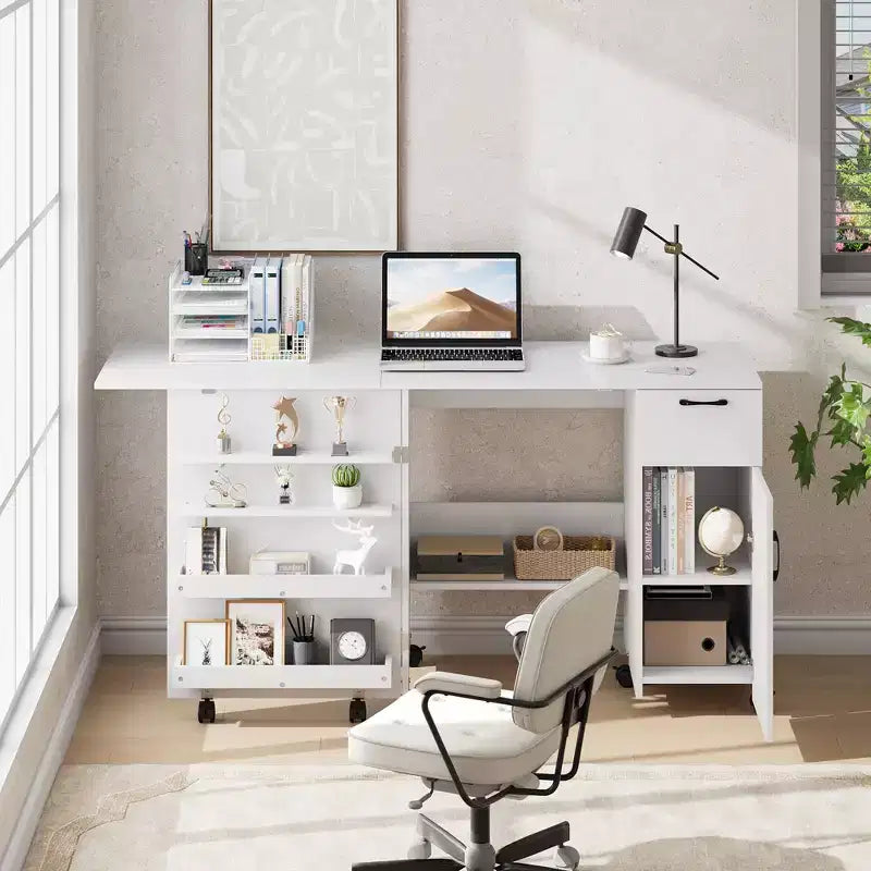 Mesa Plegable para Costura y Manualidades con Cajón, Estantes y Ruedas con Bloqueo