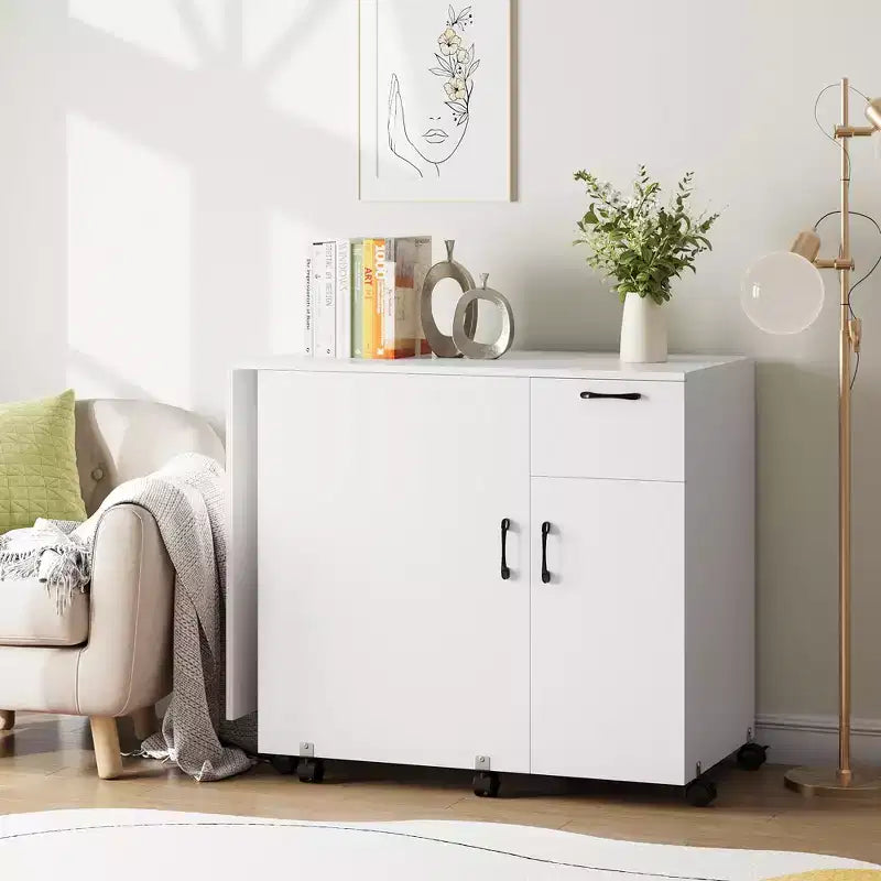 Mesa Plegable para Costura y Manualidades con Cajón, Estantes y Ruedas con Bloqueo