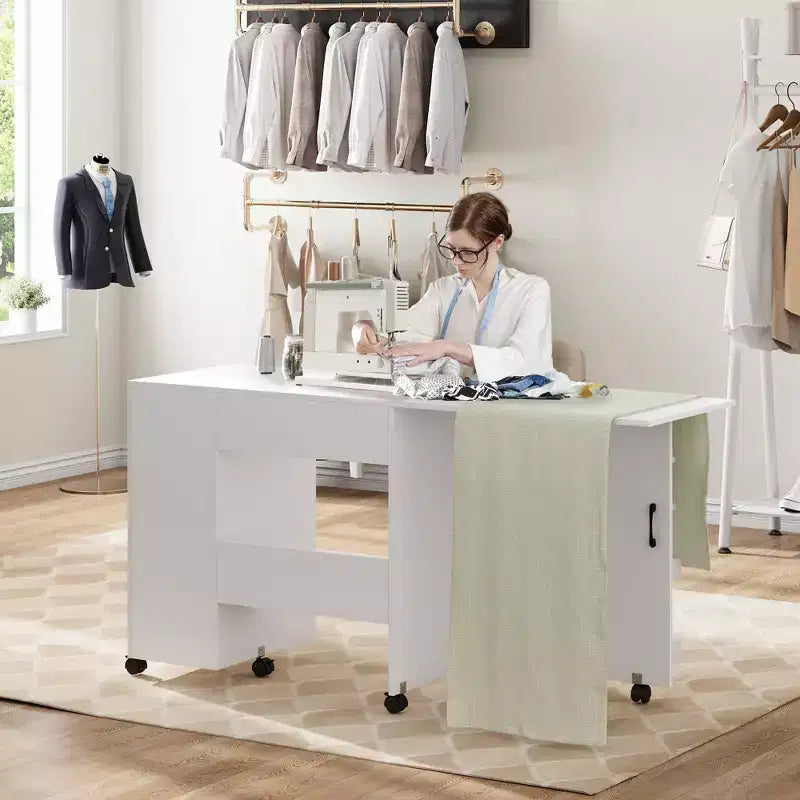 Mesa Plegable para Costura y Manualidades con Cajón, Estantes y Ruedas con Bloqueo