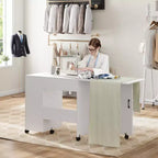 Mesa Plegable para Costura y Manualidades con Cajón, Estantes y Ruedas con Bloqueo