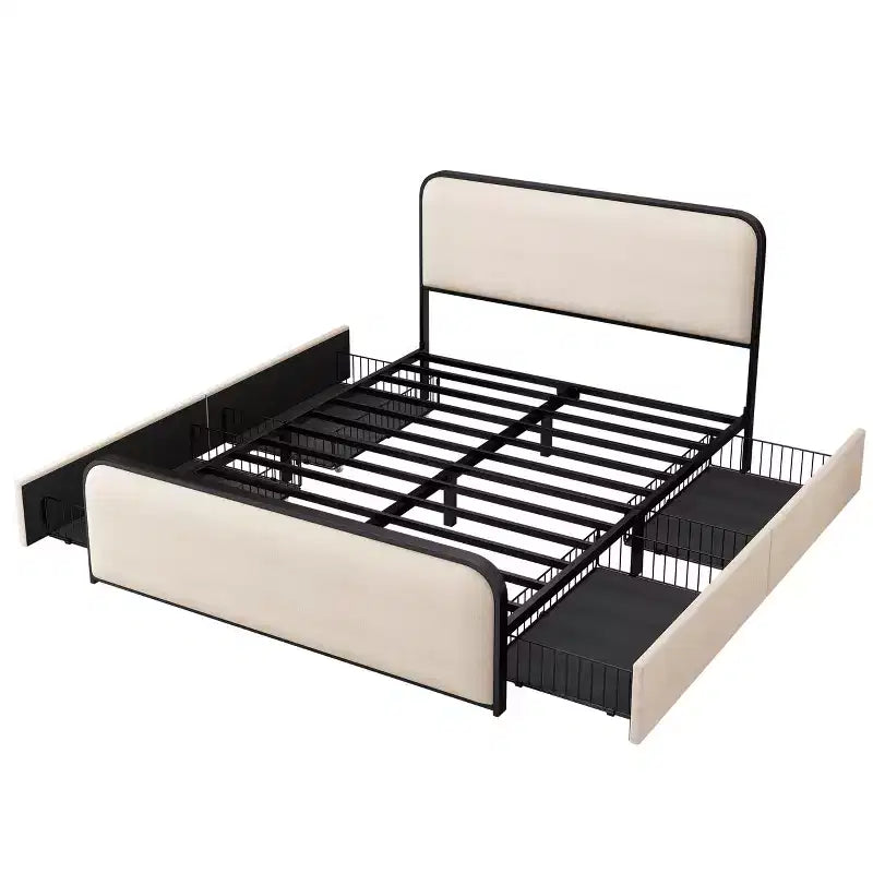 Cama Moderna Tapizada con Plataforma y 4 Cajones de Almacenamiento