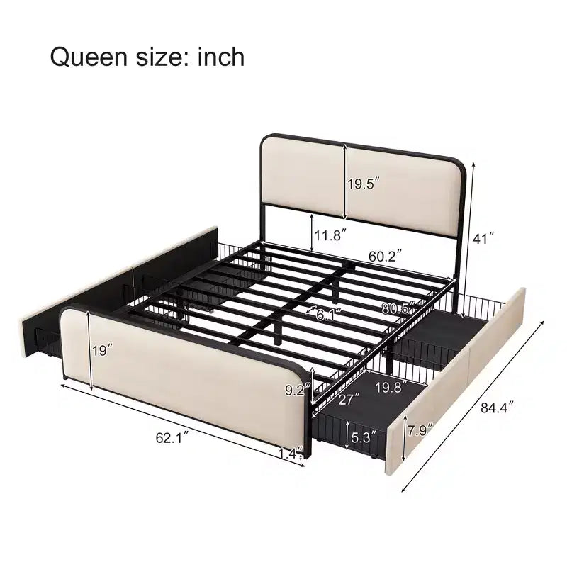 Cama Moderna Tapizada con Plataforma y 4 Cajones de Almacenamiento