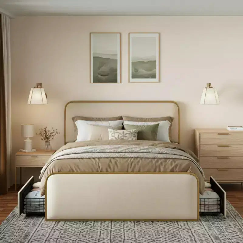 Cama Moderna Tapizada con Plataforma y 4 Cajones de Almacenamiento