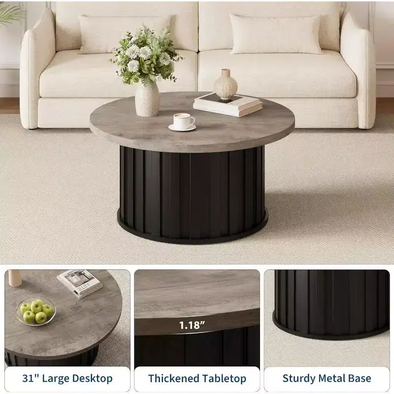 Mesa de centro redonda estriada de 31.9 pulgadas con tapa de MDF y base de metal