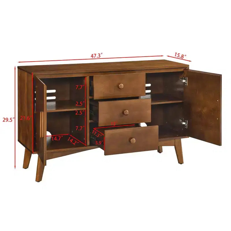 Aparador bufé de 47 pulgadas con 2 puertas y 3 cajones, armario de almacenamiento para cocina, comedor y sala de estar, nogal