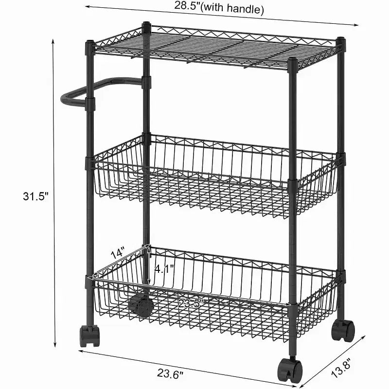 Carrito utilitario rodante de 3 niveles con estantes de rejilla y ruedas con seguro