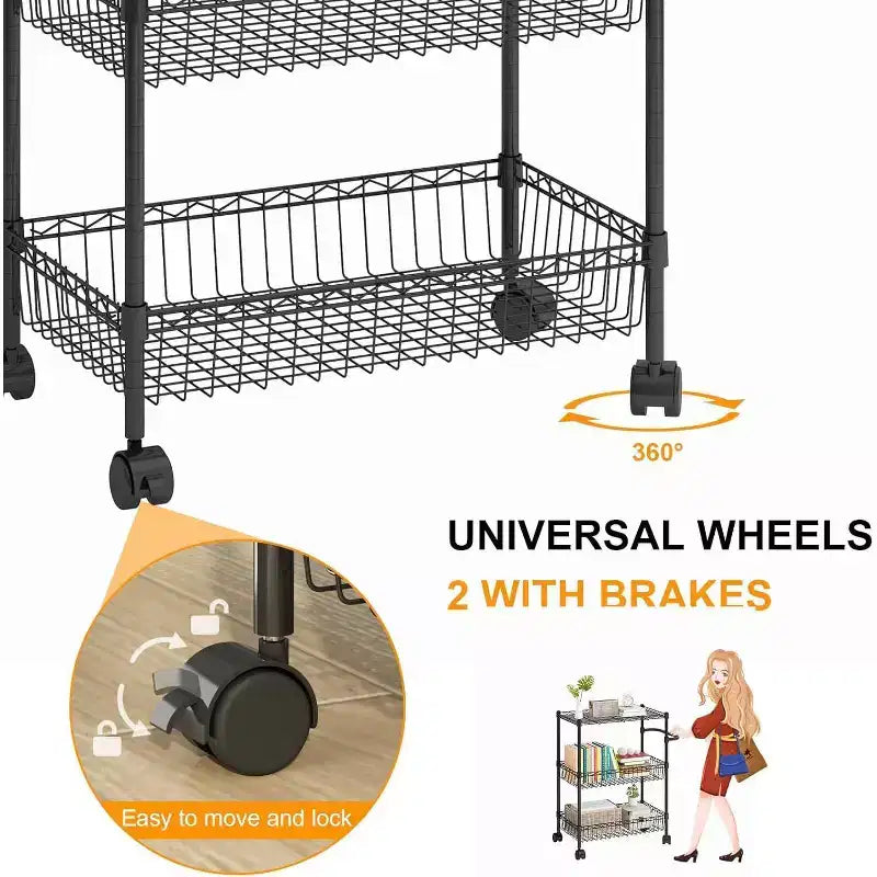 Carrito utilitario rodante de 3 niveles con estantes de rejilla y ruedas con seguro