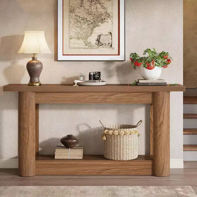 Mesa consola rústica de 63 pulgadas con almacenamiento de 2 niveles, mesa de sofá estrecha para recibidor y sala de estar