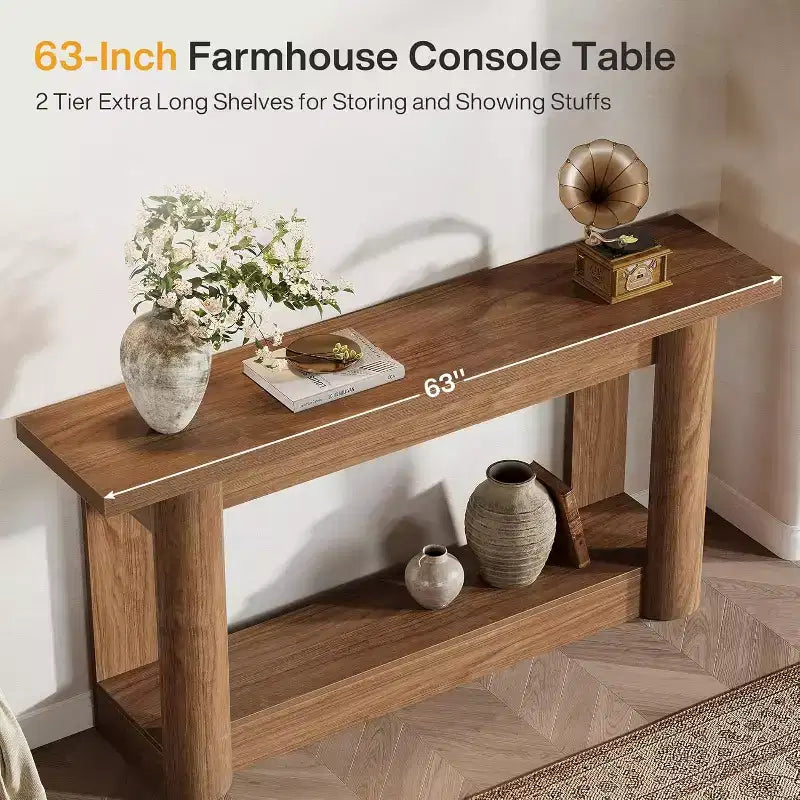 Mesa consola rústica de 63 pulgadas con almacenamiento de 2 niveles, mesa de sofá estrecha para recibidor y sala de estar