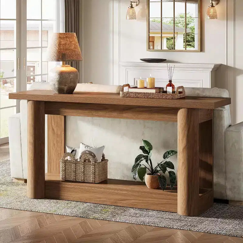 Mesa consola rústica de 63 pulgadas con almacenamiento de 2 niveles, mesa de sofá estrecha para recibidor y sala de estar