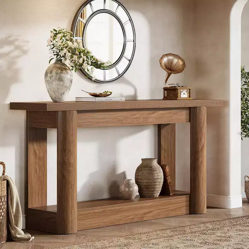 Mesa consola rústica de 63 pulgadas con almacenamiento de 2 niveles, mesa de sofá estrecha para recibidor y sala de estar