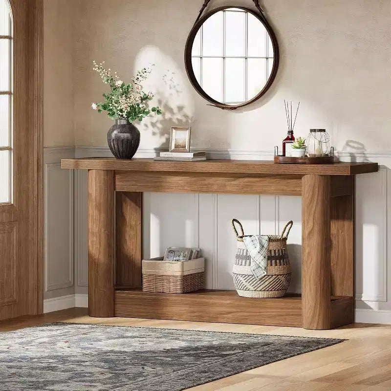 Mesa consola rústica de 63 pulgadas con almacenamiento de 2 niveles, mesa de sofá estrecha para recibidor y sala de estar
