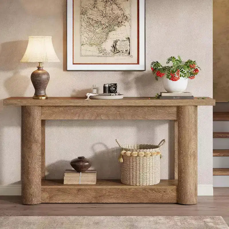 Mesa consola rústica de 63 pulgadas con almacenamiento de 2 niveles, mesa de sofá estrecha para recibidor y sala de estar