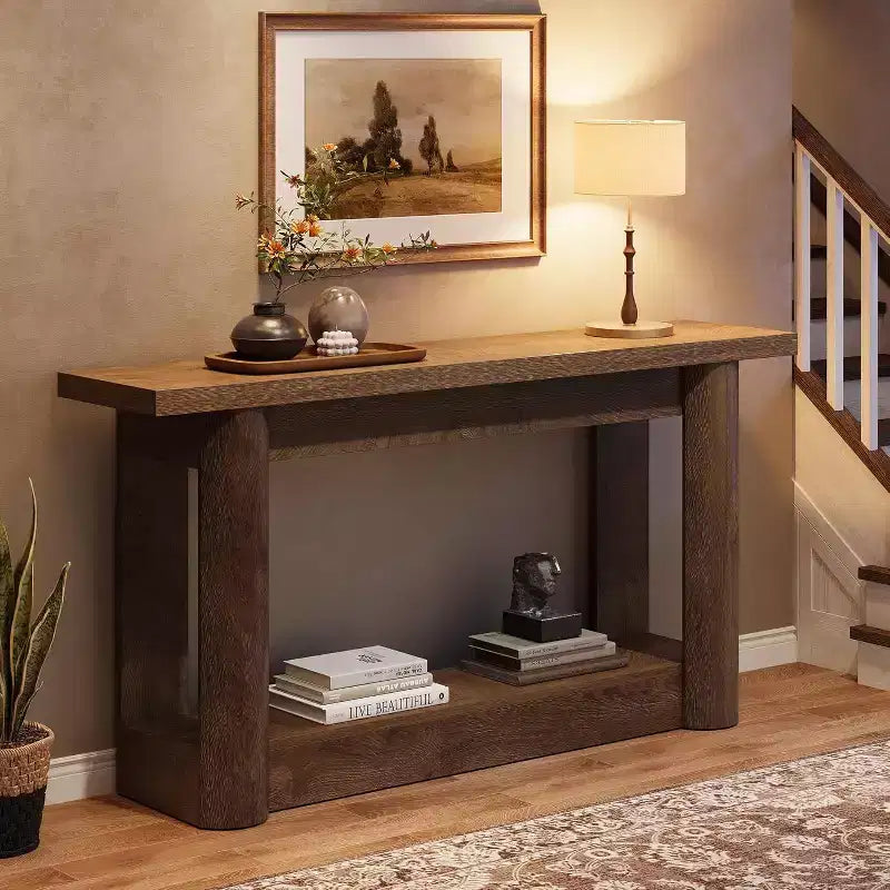 Mesa consola rústica de 63 pulgadas con almacenamiento de 2 niveles, mesa de sofá estrecha para recibidor y sala de estar