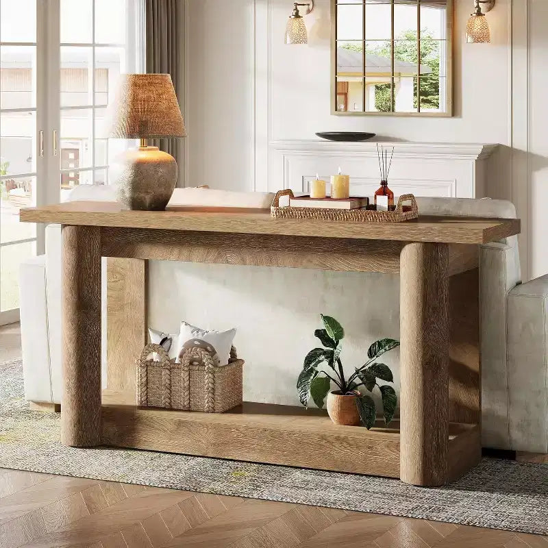 Mesa consola rústica de 63 pulgadas con almacenamiento de 2 niveles, mesa de sofá estrecha para recibidor y sala de estar